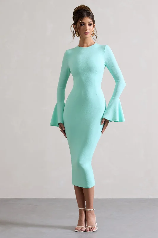 Affordable casual dress-Rhyanne | Mint Bodycon Flared-Sleeve Midi Dress