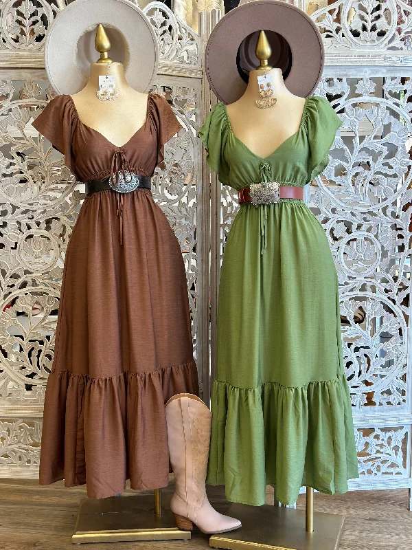 Plush suede dress-Ribbon Ruffle Sleeve Maxi Dress- Stretchy