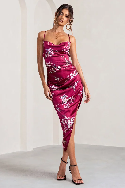 Luxury satin dress-Risk It All | Berry Floral Print Cami Cowl Neck Satin Asymmetric Hem Midi Dress