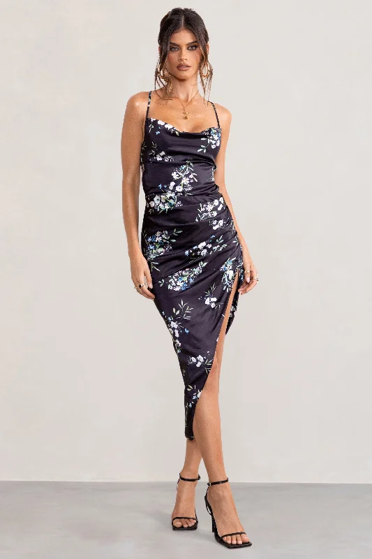 Gold party dress-Risk It All | Black Floral Print Cowl Neck Satin Asymmetric Hem Midi Dress