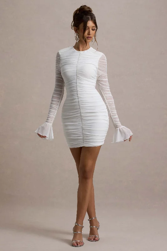 Comfy sweater dress-Romilly | White Ruched Long-Sleeve Bodycon Mini Dress