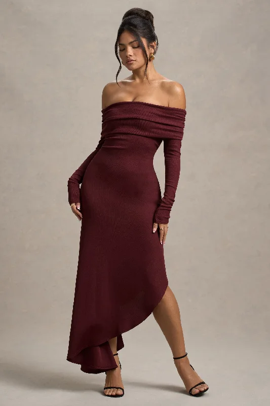 Sleek slip dress-Romina | Port Rib Knit Bardot Maxi Dress With Asymmetric Hem