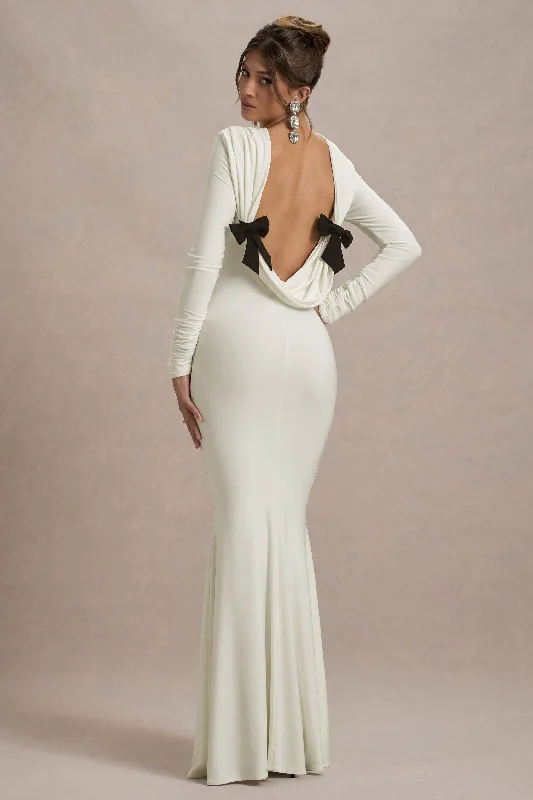 Tailored work dress-Rosalee | Cream Long-Sleeve Cowl-Back Fishtail Maxi Dress With Bows