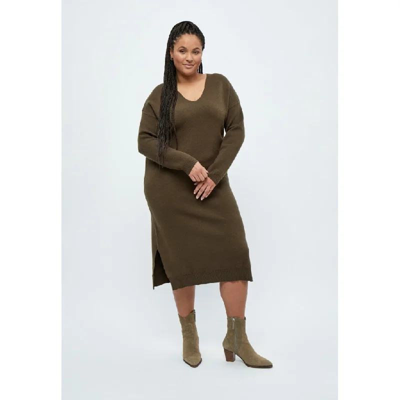 Pleated work dress-Rosalia V-Neck Knee Length Knit Dress Curve - Madder Brown