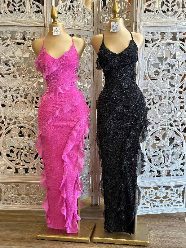 Ruby vibrant dress-Ruffle Glitter Maxi Dress- Stretchy