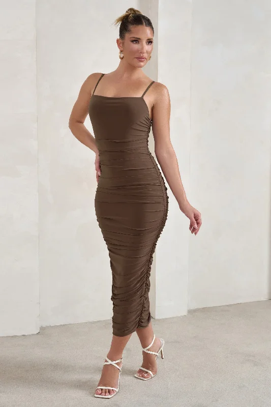 Chevron cocktail dress-Saffy | Brown Cami Mesh Ruched Midi Dress