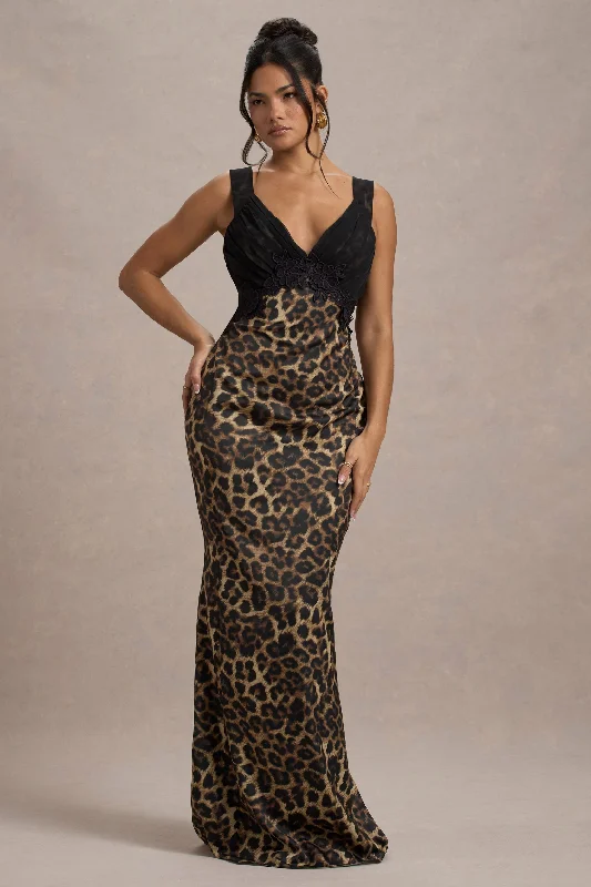 Bold animal print dress-Sahara | Leopard Print Satin V-Neck Maxi Dress With Black Lace Trim