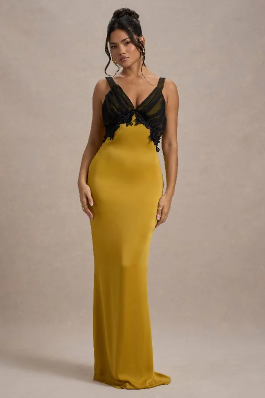 Sexy bodycon dress-Sahara | Mustard Satin V-Neck Maxi Dress With Black Lace Trim