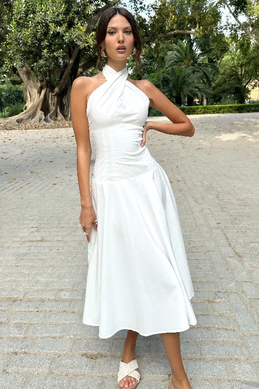 Shiny satin dress-Saint-Malo | White Halter-Neck Midi Dress