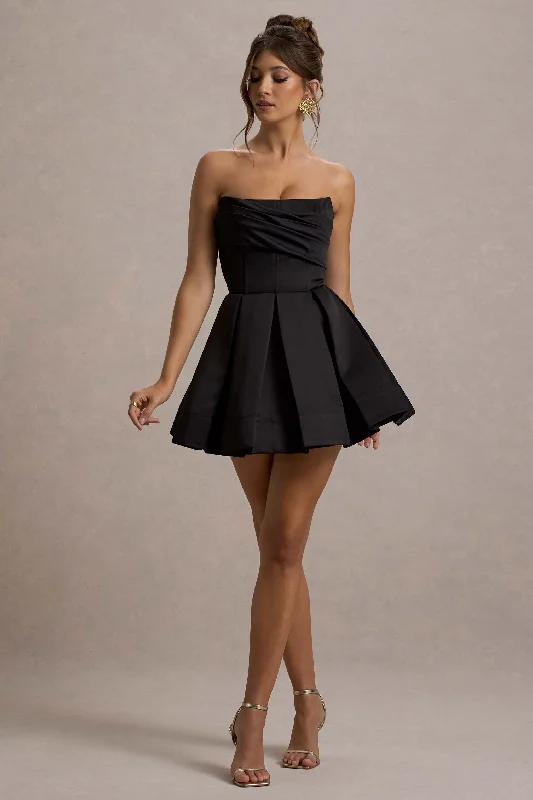 Timeless A-line dress-Saira | Black Satin Strapless Skater Mini Dress