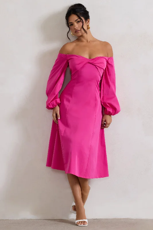 Polished pencil dress-Santino | Hot Pink Twisted Bardot Puff-Sleeve Midi Dress