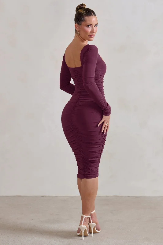 Picnic polka dress-Seductress | Burgundy Square Neck Bodycon Midi Dress With Long Sleeves