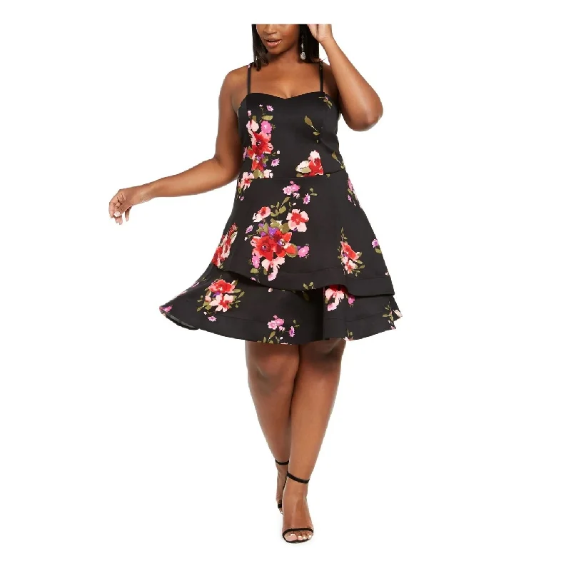 Denim shirt dress-Sequin Hearts Women's Trendy Plus Size Floral Fit & Flare Dress Black Size 20