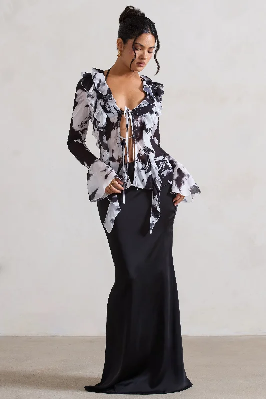 Patterned party dress-Serita | Black Satin Split Maxi Skirt