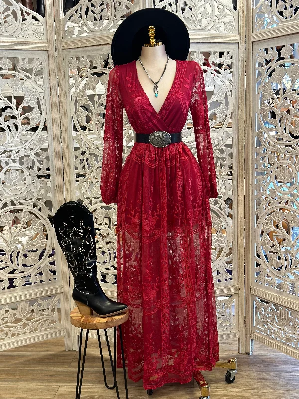 Silk wrap dress-Sheer Embroidered Burgundy Maxi Dress - Estira, Stretchy