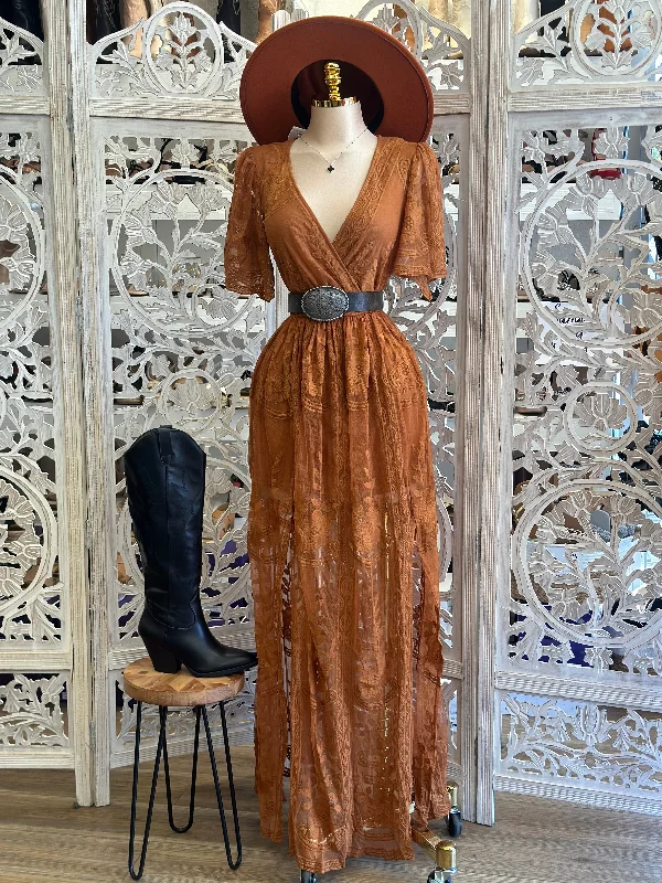 Tulle ball gown dress-Sheer Embroidered Rust Maxi Dress - Estira, Stretchy