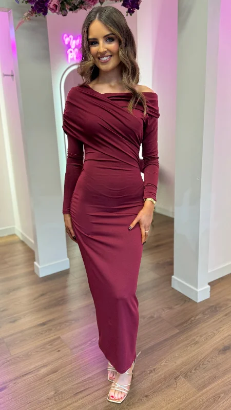 Medieval peasant dress-Sheridan Burgundy Off Shoulder Wrap Effect Midi Dress