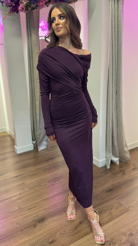 Modern minimalist dress-Sheridan Purple Off Shoulder Wrap Effect Midi Dress