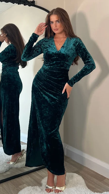 Teal ocean dress-Sigourney Forest Green Velvet Asymmetric Wrap Midi Dress