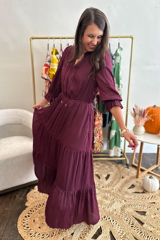 Weekend brunch dress-Silky Split Neck Maxi Dress Plum