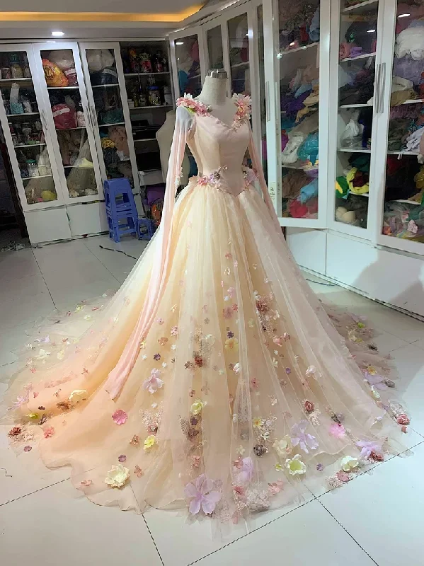 Everyday shift dress-Gorgeous floral applique exquisite long sleeve sleeping beauty wedding dress evening gown ball gown gh2093