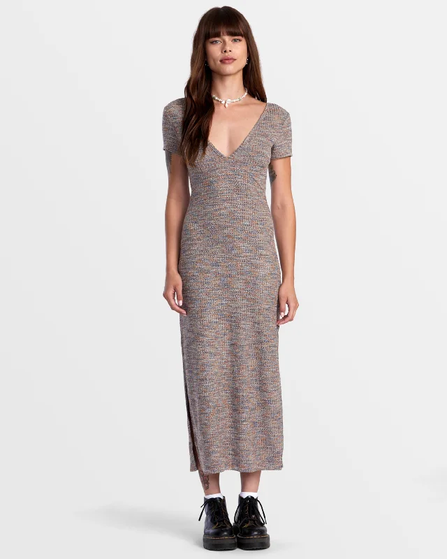 Dramatic maxi dress-Smitten Marled V-Neck Midi Sweater Dress - Camel