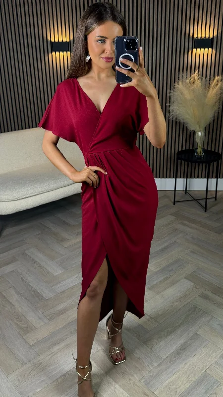 High-neck wedding dress-Tasmin Red Wrap Over Style Midi Dress