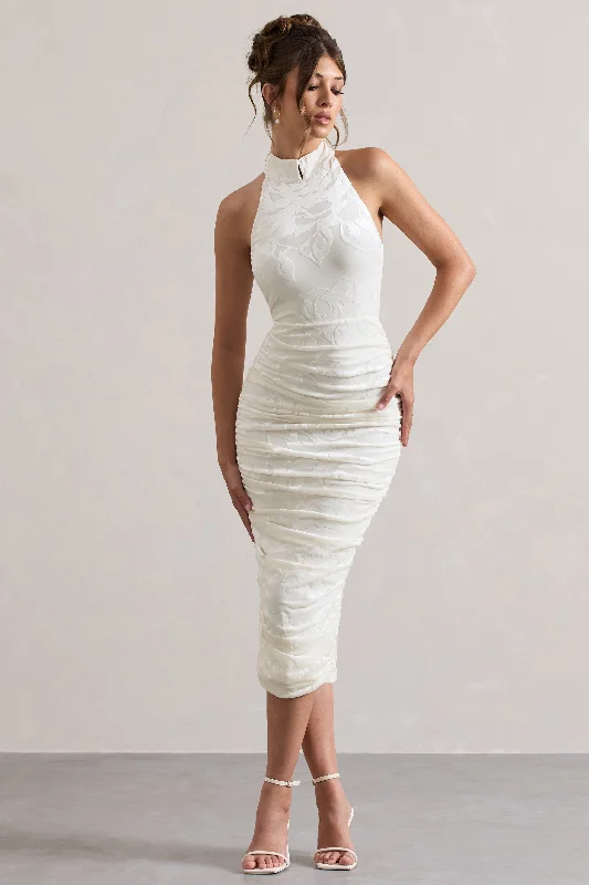 Warm wool dress-Therese | White Ruched Bodycon High-Neck Midi Dress