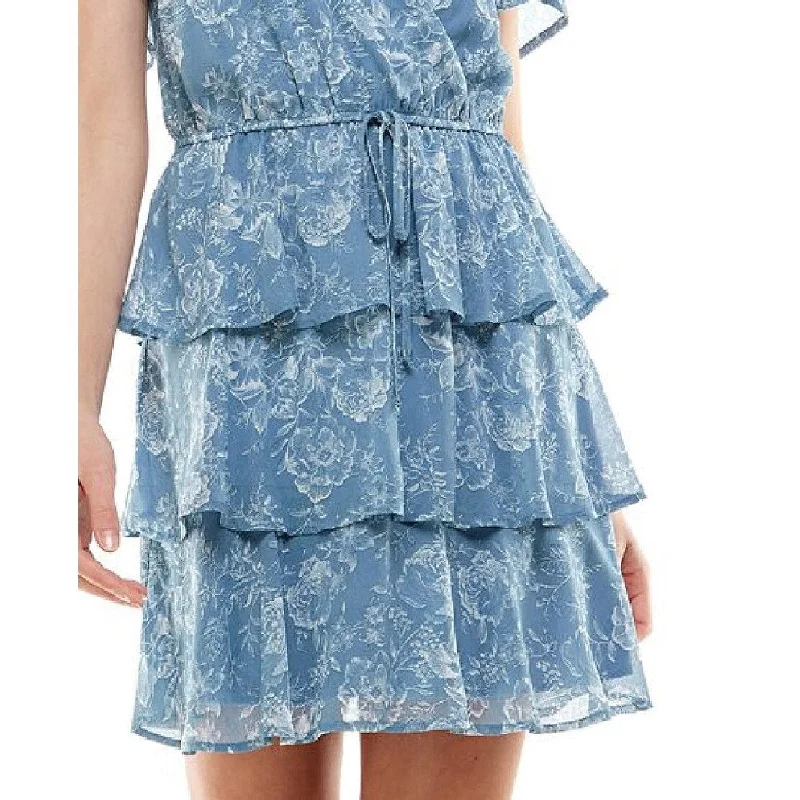 Strapless wedding dress-Trixxi Junior's Floral Print Flutter Sleeve Tiered Dress Blue Size X-Large