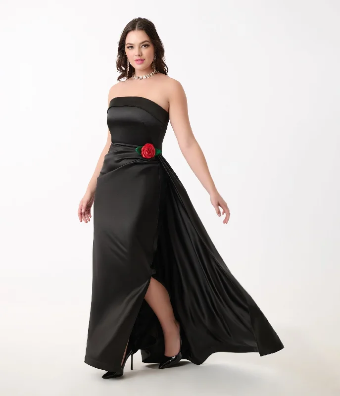 Ruby red dress-Unique Vintage 1950s Black Satin Strapless Enchanted Evening Gown