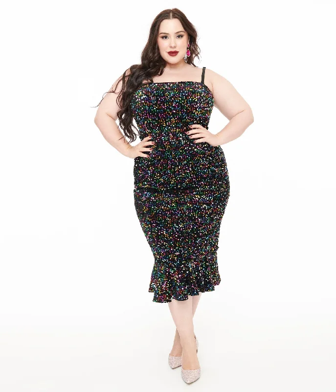 Handmade knit dress-Unique Vintage Plus Size Rainbow Sequin Strapless Spotlight Wiggle Dress