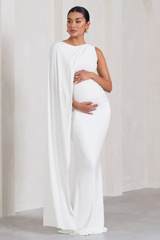 Preppy collared dress-Unveil | White One-Sleeve Cape Maternity Maxi Dress