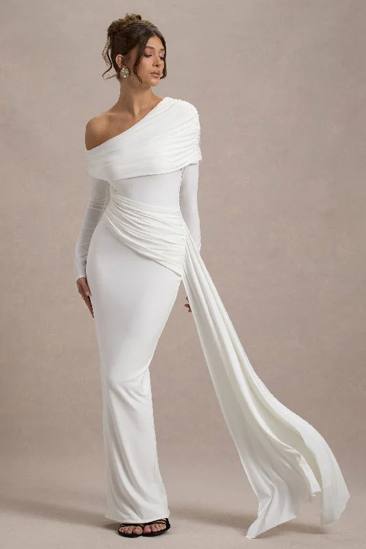 Resort wrap dress-Valina | White Ruched Asymmetric Maxi Dress With Drape