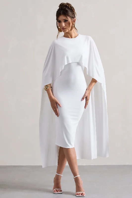 Lounge relaxed dress-Vana | White Draped Midi Dress With Cape Sleeves