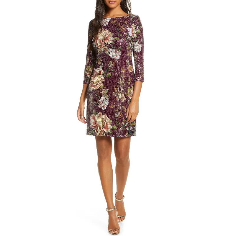 Vacation flowy dress-Vince Camuto Women's Sequined Floral Shift Dress Wine Floral Size 10