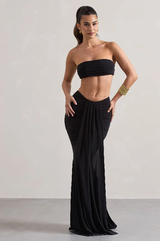 Quilted cozy dress-Vitality | Black Ruched Drape Maxi Skirt