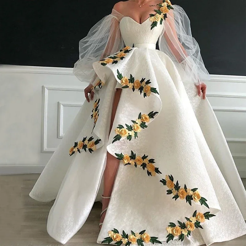 Daytime picnic dress-White yellow three-dimensional flower heart-shaped neckline long ball gown evening dress wedding dress gh993