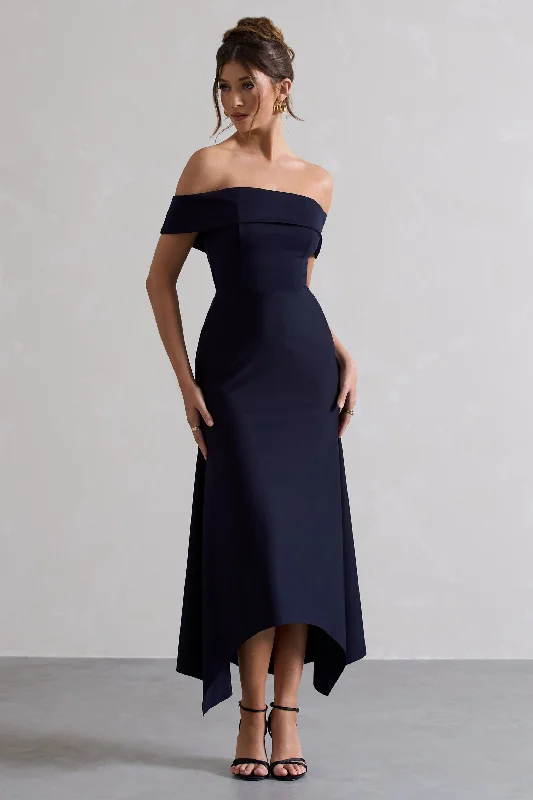 Chiffon cocktail dress-Windsor | Navy Bardot Midi Dress