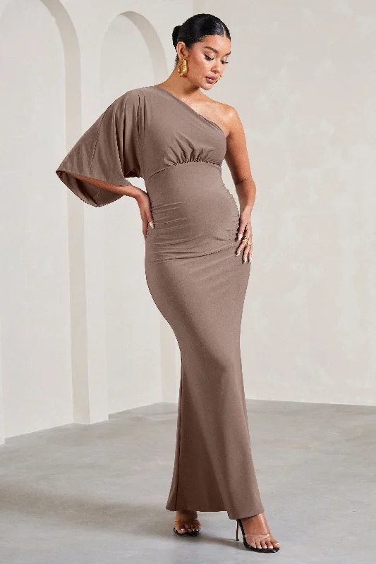 Cotton beach dress-Wisdom | Mocha Ruched Asymmetric One-Shoulder Maternity Maxi Dress