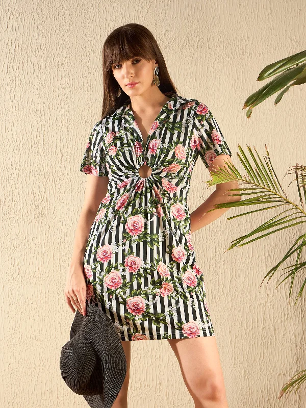 Eco-friendly cotton dress-Women Black Stripe Floral Ring Dress