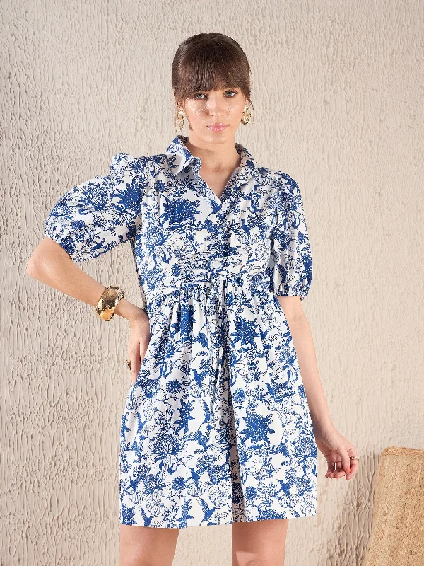 Teal trendy dress-Women Navy Floral Front Drawstring Detail Shirt Dress