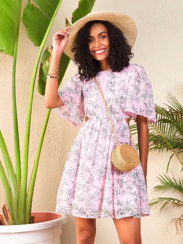 Vibrant tropical dress-Women Pink Floral Waist Cut-Out Skater Dress