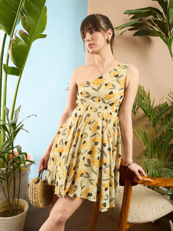 Organic silk dress-Women Yellow Floral Organza One Shoulder Dress