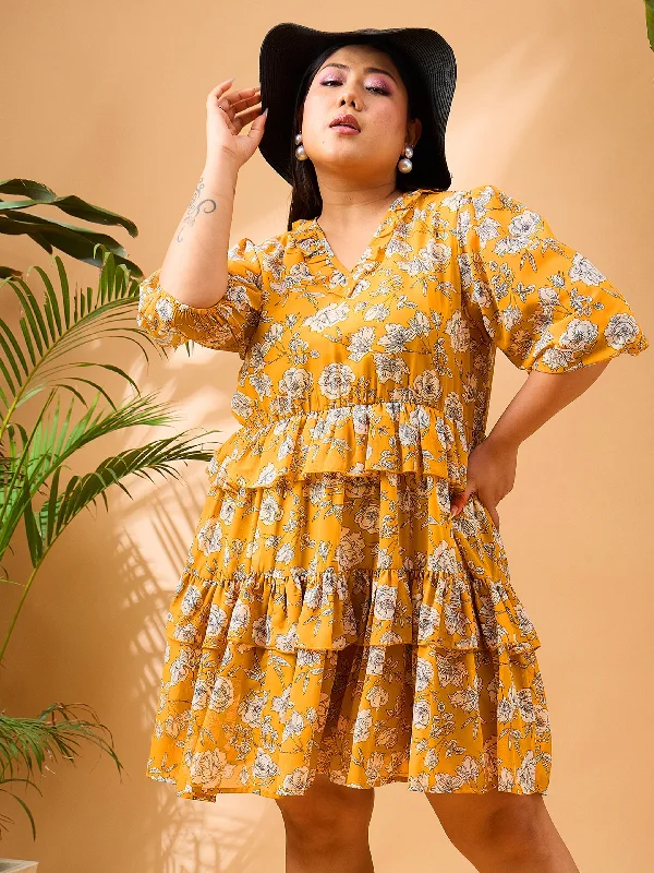 Cute babydoll dress-Women Yellow Floral Printed Frill Short Dress