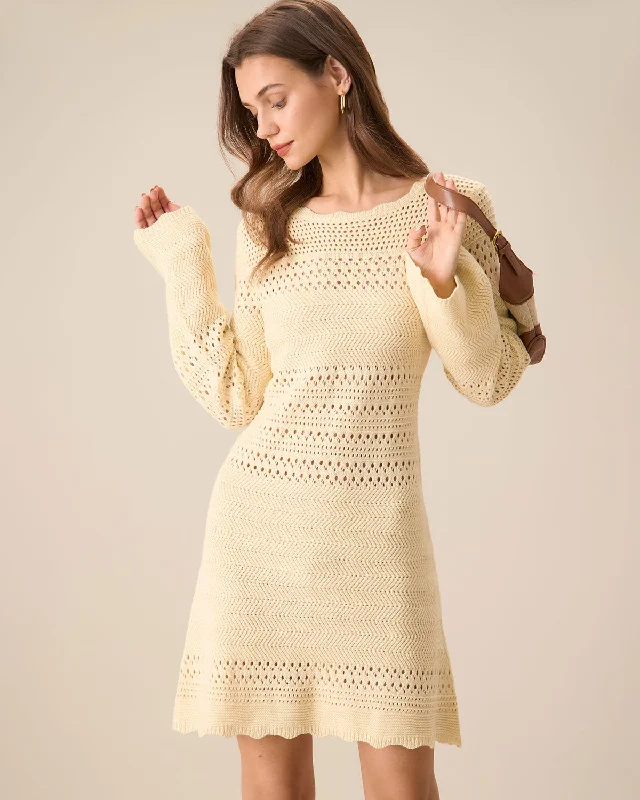 Resort tropical dress-Women's Apricot Cutout Knitted Sweater Dress