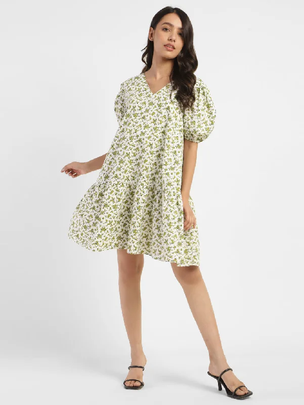 Cool cotton dress-Women's Floral Print V Neck Dress