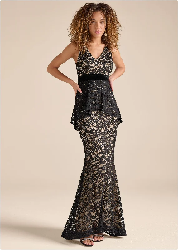 Simple slip dress-Tiered Lace Gown - Black