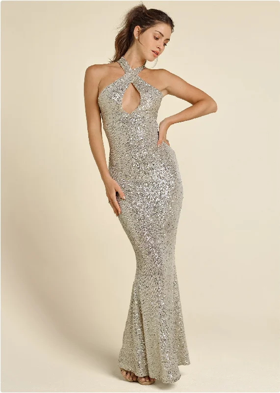 Polished pencil dress-Sequin Keyhole Gown  - Champagne