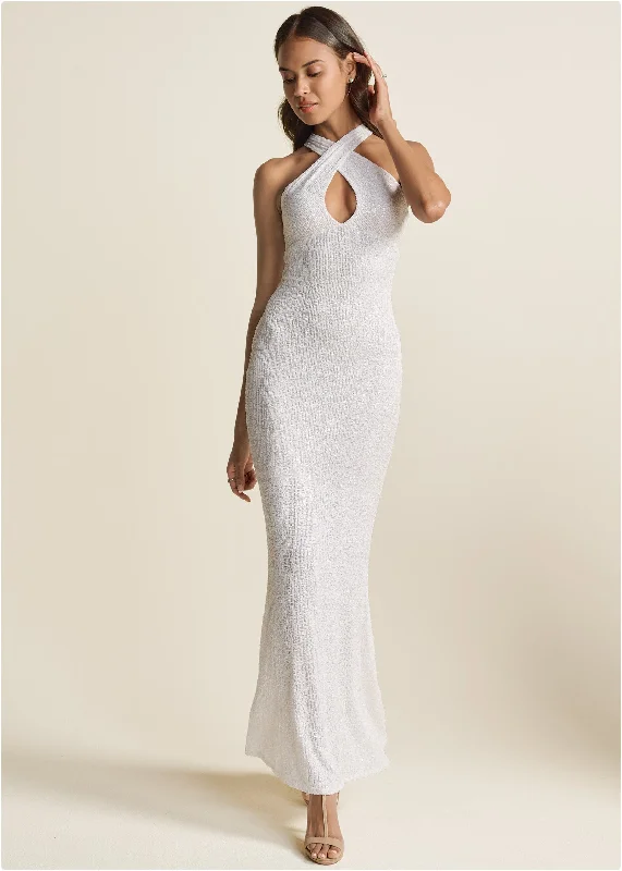 Ornate beaded dress-Sequin Keyhole Gown  - White