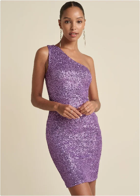 Patterned party dress-One-Shoulder Sequin Dress - Lavender